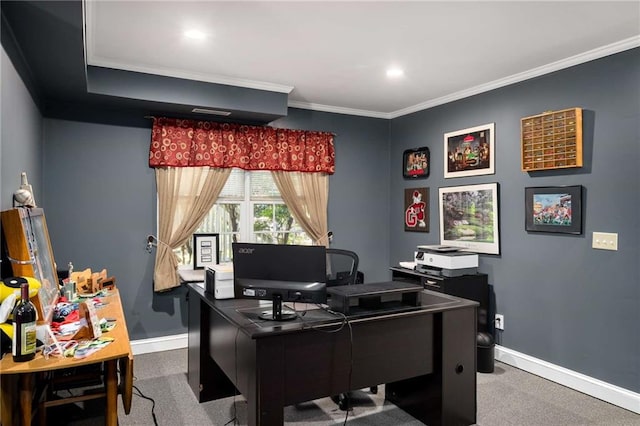 office space with ornamental molding, recessed lighting, carpet flooring, and baseboards