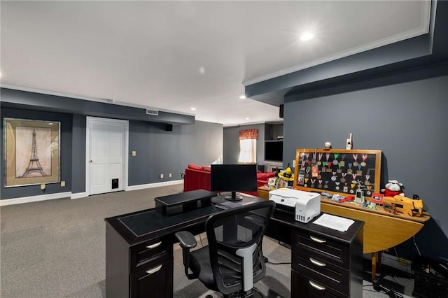 office featuring recessed lighting, carpet flooring, visible vents, baseboards, and ornamental molding