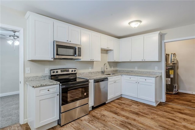 kitchen with stainless steel appliances, a sink, electric water heater, and white cabinets