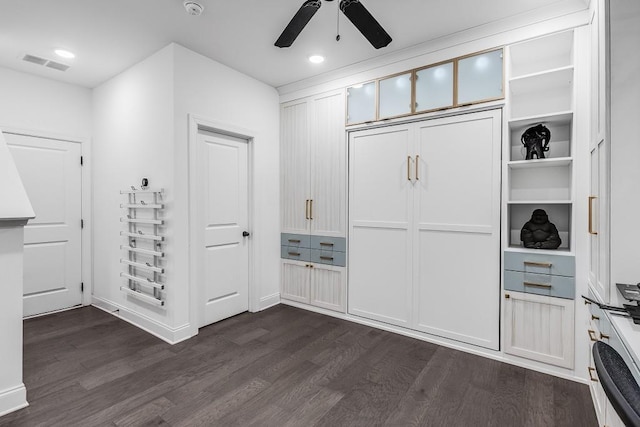 interior space featuring dark hardwood / wood-style flooring and ceiling fan