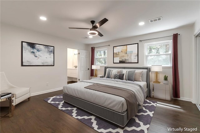 3480 Tanbark Ct NE, Brookhaven, GA 30319 - bedroom featuring dark wood finished floors, recessed lighting, ensuite bath, and ceiling fan