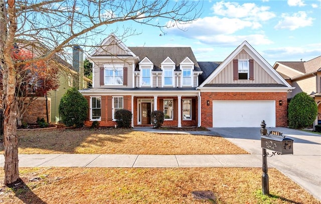 view of front of house with a front lawn, brick siding, board and batten siding, concrete driveway, and a porch
