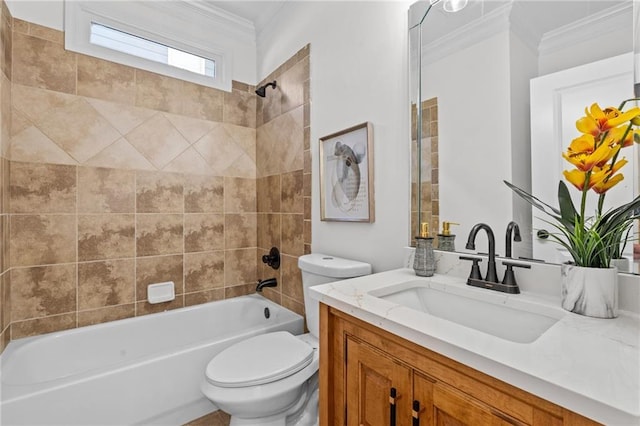 full bath with toilet, shower / tub combination, ornamental molding, and vanity