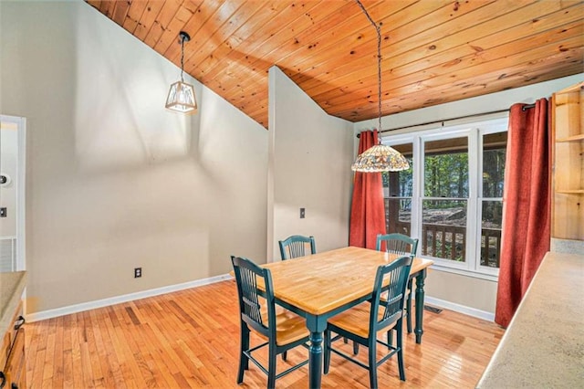 dining room featuring vaulted ceiling, wooden ceiling, and light hardwood / wood-style floors