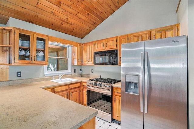 kitchen with sink, stainless steel appliances, wood ceiling, and lofted ceiling