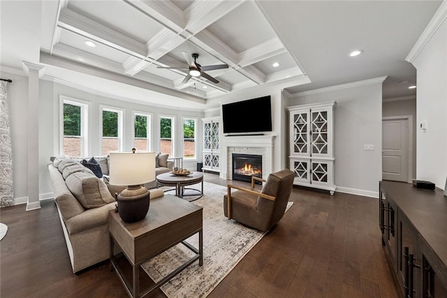 107 Equest Dr, Canton, GA 30115 - living room with ceiling fan, a glass covered fireplace, beam ceiling, crown molding, and recessed lighting