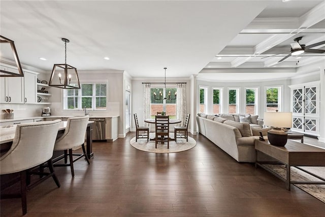 107 Equest Dr, Canton, GA 30115 - living room with ornamental molding, a chandelier, a ceiling fan, recessed lighting, and beamed ceiling