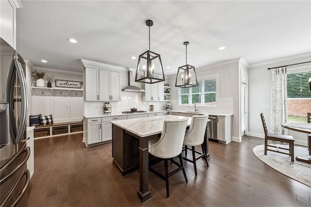107 Equest Dr, Canton, GA 30115 - kitchen featuring stainless steel appliances, wall chimney exhaust hood, open shelves, a center island, and crown molding