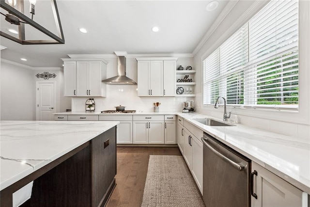 107 Equest Dr, Canton, GA 30115 - kitchen with wall chimney exhaust hood, stainless steel appliances, crown molding, white cabinets, and open shelves
