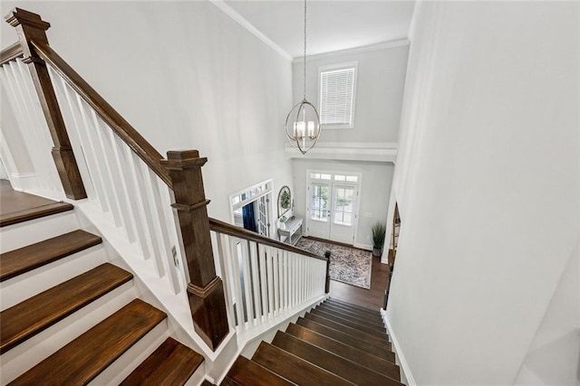 107 Equest Dr, Canton, GA 30115 - staircase featuring wood finished floors, crown molding, a chandelier, a high ceiling, and french doors