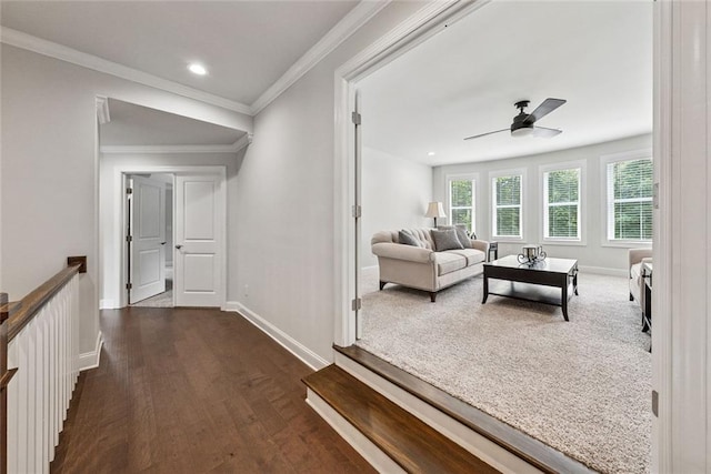 107 Equest Dr, Canton, GA 30115 - corridor with dark wood-type flooring, ornamental molding, and recessed lighting