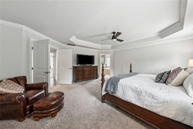 107 Equest Dr, Canton, GA 30115 - bedroom featuring light colored carpet, ornamental molding, a tray ceiling, and ceiling fan
