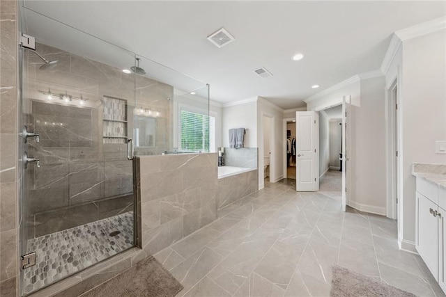 107 Equest Dr, Canton, GA 30115 - full bathroom with crown molding, a bath, a shower stall, vanity, and recessed lighting