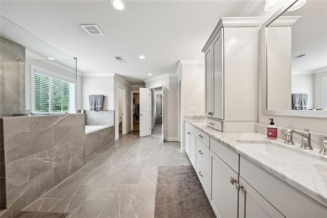 107 Equest Dr, Canton, GA 30115 - full bathroom with ornamental molding, vanity, recessed lighting, marble finish floors, and a bath