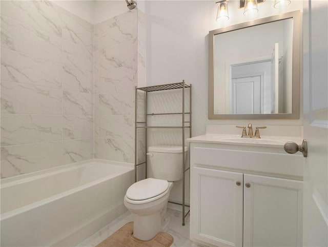 full bathroom featuring vanity, tiled shower / bath combo, and toilet