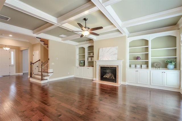 unfurnished living room with coffered ceiling, ceiling fan, dark wood-type flooring, and beamed ceiling