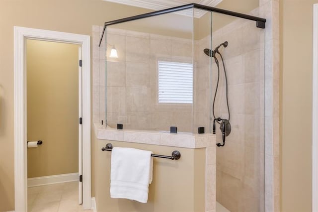 bathroom with tile patterned flooring and a shower with shower door