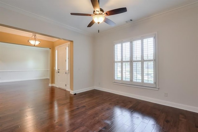 unfurnished room with ceiling fan, ornamental molding, and dark hardwood / wood-style flooring