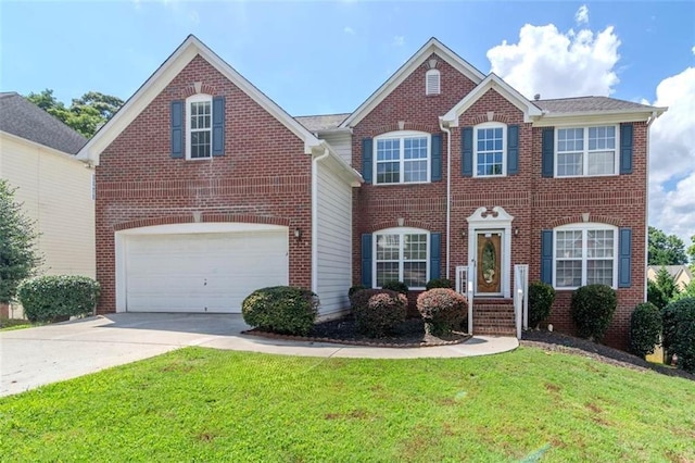 851 Roget Ct, Lawrenceville, GA 30045 - view of front of home featuring concrete driveway, a front yard, brick siding, and an attached garage