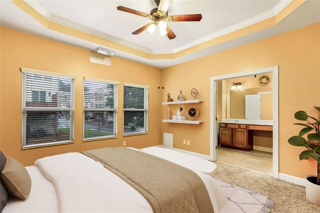 275 Blue Pointe Ct, Suwanee, GA 30024 - bedroom featuring ornamental molding, light colored carpet, a raised ceiling, baseboards, and ensuite bathroom