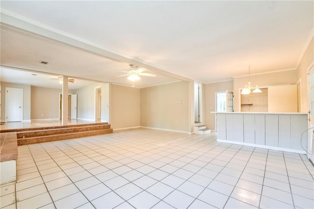 unfurnished room featuring light tile patterned floors, ceiling fan with notable chandelier, and crown molding