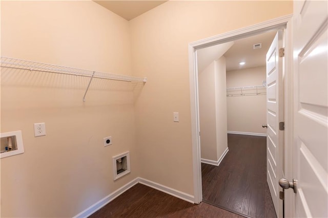 laundry area featuring hookup for a washing machine, hookup for an electric dryer, laundry area, baseboards, and dark wood-style floors