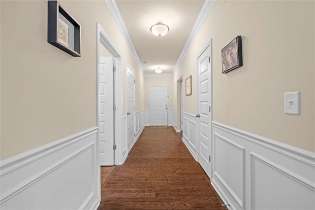 hallway with a decorative wall, wainscoting, dark wood finished floors, and crown molding