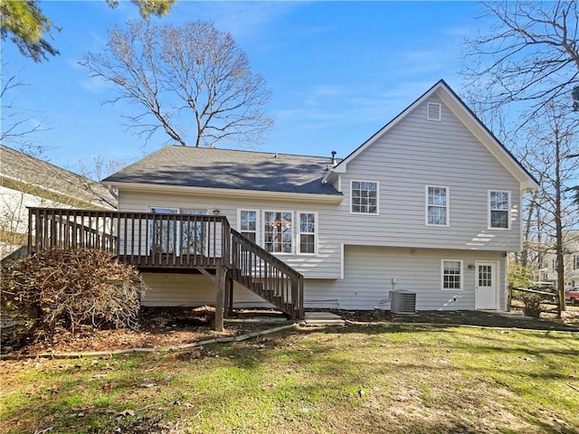 31 Mariner Way SE, Acworth, GA 30102 - rear view of property featuring stairs, central AC unit, a lawn, and a wooden deck