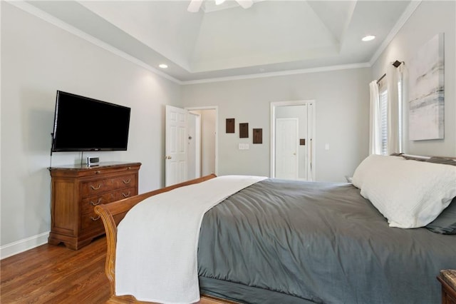 2713 Misty Rock Cv, Dacula, GA 30019 - bedroom with wood finished floors, crown molding, recessed lighting, a ceiling fan, and lofted ceiling