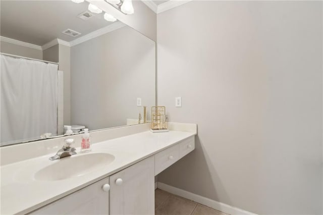 2713 Misty Rock Cv, Dacula, GA 30019 - bathroom featuring vanity, tile patterned flooring, ornamental molding, and a shower with shower curtain