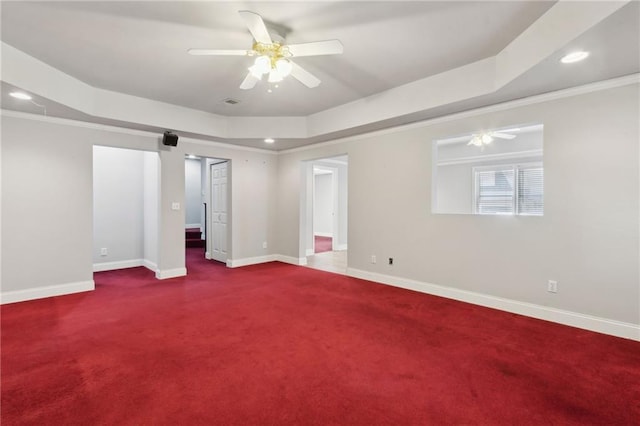 2713 Misty Rock Cv, Dacula, GA 30019 - unfurnished bedroom featuring a tray ceiling, carpet flooring, recessed lighting, a barn door, and a ceiling fan
