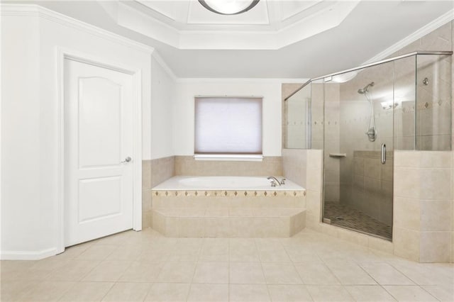 bathroom with tile patterned flooring, separate shower and tub, and ornamental molding