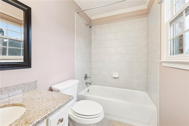 full bathroom featuring tiled shower / bath combo, tile patterned flooring, toilet, vanity, and ornamental molding