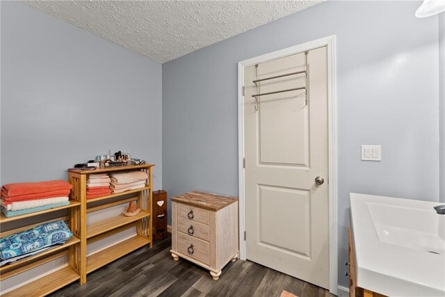 interior space with sink, a textured ceiling, dark hardwood / wood-style floors, and a closet