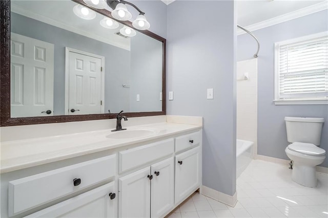 full bathroom featuring toilet, tile patterned floors, vanity, crown molding, and tub / shower combination