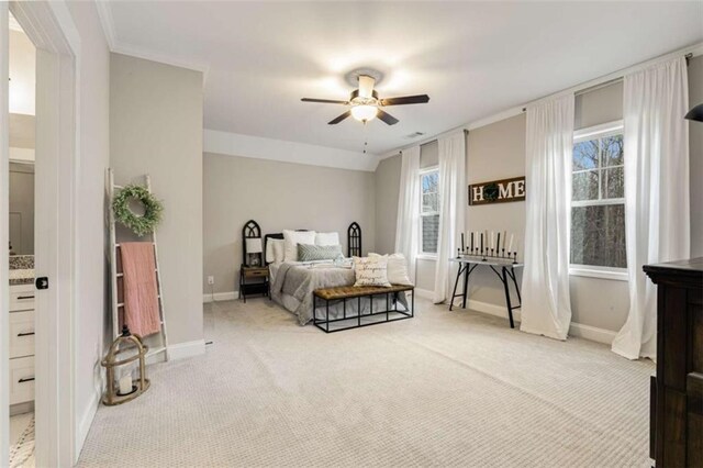 811 Walnut River Trl, Hoschton, GA 30548 - carpeted bedroom featuring baseboards, a ceiling fan, and crown molding