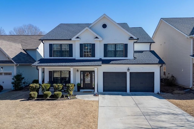 view of front of home with brick siding, a shingled roof, concrete driveway, covered porch, and a garage