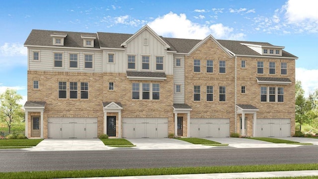 townhome / multi-family property featuring brick siding, board and batten siding, concrete driveway, roof with shingles, and a garage