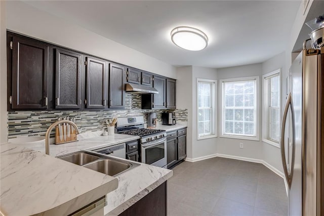 kitchen featuring decorative backsplash, appliances with stainless steel finishes, dark brown cabinetry, and kitchen peninsula