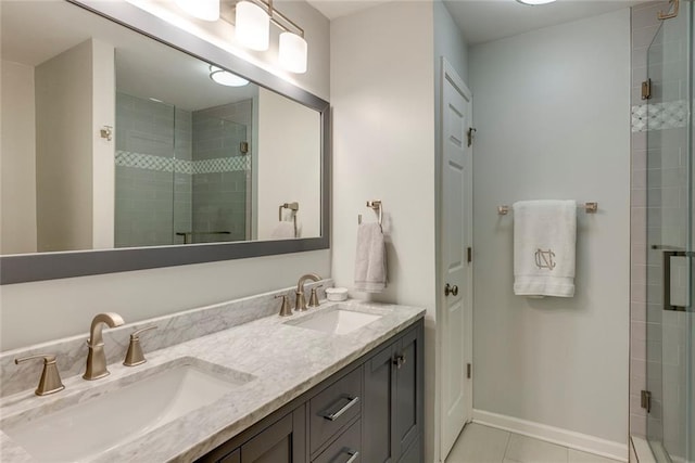 bathroom featuring tile patterned flooring, vanity, and a shower with door