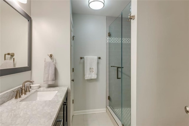 bathroom with tile patterned flooring, vanity, and an enclosed shower