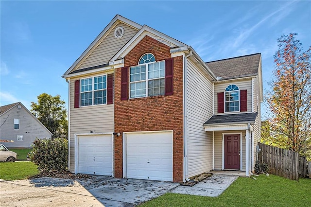 traditional home featuring brick siding, fence, a garage, driveway, and a front lawn