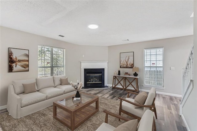 living area featuring a glass covered fireplace, a healthy amount of sunlight, and wood finished floors