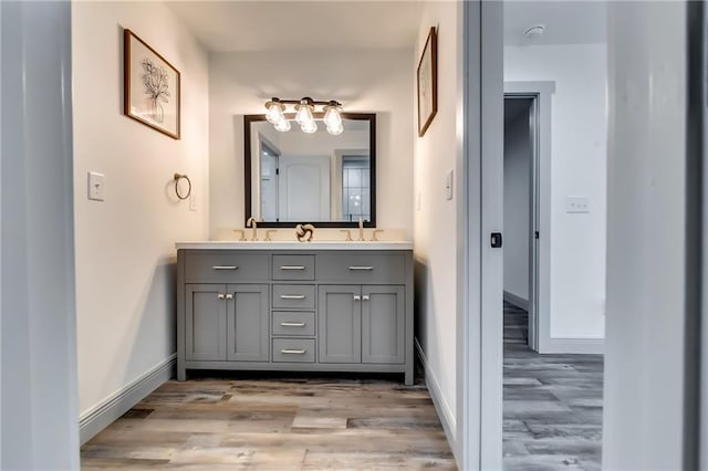 bathroom with double vanity, wood finished floors, baseboards, and a sink