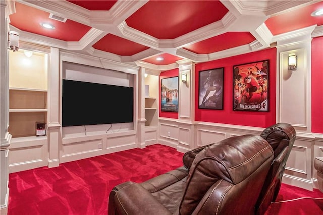 carpeted home theater with ornate columns, crown molding, coffered ceiling, and beam ceiling