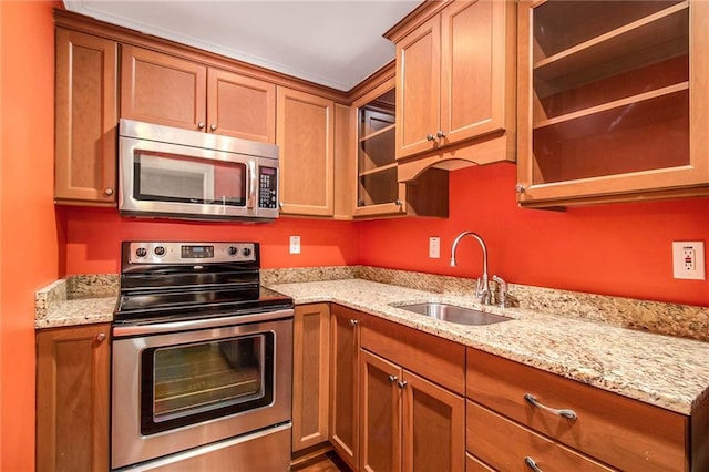 kitchen with sink, stainless steel appliances, and light stone countertops