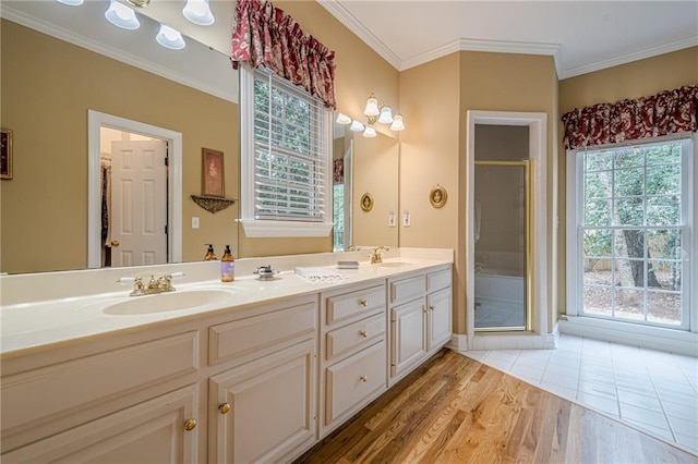 full bath featuring a stall shower, plenty of natural light, crown molding, and a sink