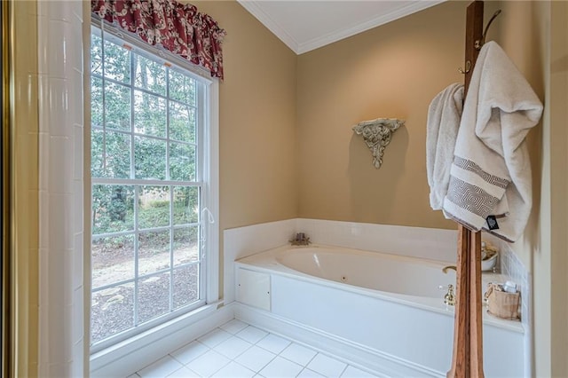 bathroom featuring tile patterned floors, a bath, and crown molding