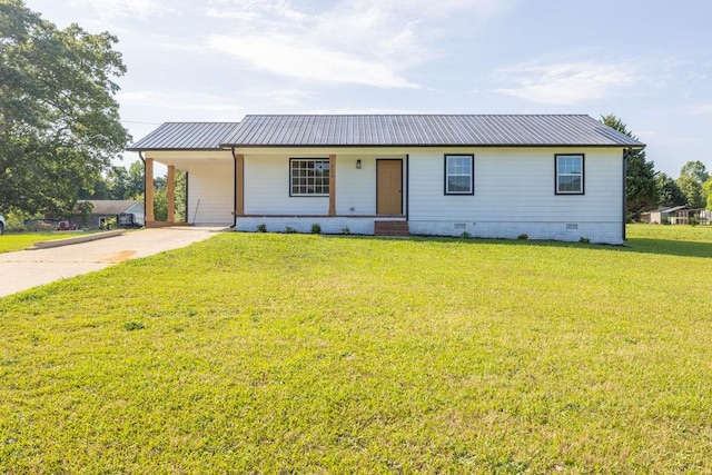 716 Phillips Dr, Monroe, GA 30656 - view of front of house with crawl space, concrete driveway, a front yard, and metal roof