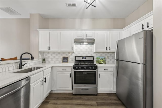 7077 Biltmore Trce, Lithonia, GA 30058 - kitchen featuring appliances with stainless steel finishes, under cabinet range hood, a sink, and white cabinetry